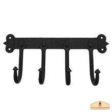 Load image into Gallery viewer, Rustic Hand Forged Iron Wall Hook with Four Hangers: Ideal for Victorian, Colonial, Retro, Steampunk, Gothic, and Baroque Settings (29.2x13.3) cm