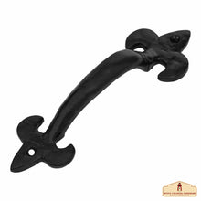 Load image into Gallery viewer, Rustic Cast Iron Fleur de Lis Door Pull: Ideal for Victorian, Colonial, Retro, Steampunk, Gothic, Baroque, and Medieval Settings, (17x4.7) cm