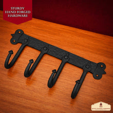 Load image into Gallery viewer, Rustic Hand Forged Iron Wall Hook with Four Hangers: Ideal for Victorian, Colonial, Retro, Steampunk, Gothic, and Baroque Settings (29.2x13.3) cm