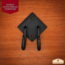 Load image into Gallery viewer, Rustic Hand Forged Iron Wall Hook with Two Hangers: Ideal for Victorian, Colonial, Retro, Steampunk, Gothic, and Baroque Settings 8.8 cm