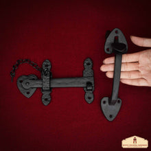 Load image into Gallery viewer, Rustic Hand Forged Iron Door Lock Latch and Handle: Ideal for Victorian, Colonial, Retro, Steampunk, Gothic, Baroque, and Medieval Settings, 19.5 cm