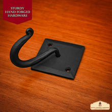 Load image into Gallery viewer, Rustic Hand Forged Iron Wall Hook with Two Hangers: Ideal for Victorian, Colonial, Retro, Steampunk, Gothic, and Baroque Settings 9.1 cm