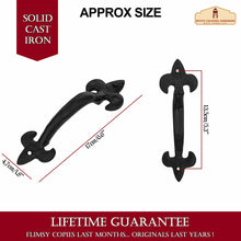 Load image into Gallery viewer, Rustic Cast Iron Fleur de Lis Door Pull: Ideal for Victorian, Colonial, Retro, Steampunk, Gothic, Baroque, and Medieval Settings, (17x4.7) cm