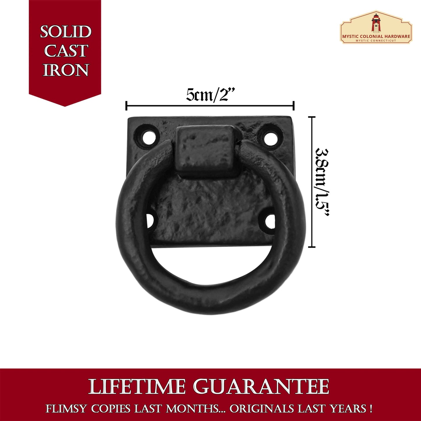 Small Ring Door Knocker or Cabinet Pulls - True Solid Forged Iron - Blackened Hammered Finish