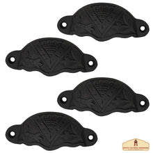 Load image into Gallery viewer, Rustic Cast Iron Set of 4 Drawer Pulls Cabinet Cup Pulls: Ideal for Victorian, Colonial, Retro, Steampunk, Gothic, Baroque, and Medieval Settings, (8.4x3.5) cm