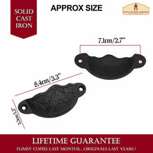 Load image into Gallery viewer, Rustic Cast Iron Set of 4 Drawer Pulls Cabinet Cup Pulls: Ideal for Victorian, Colonial, Retro, Steampunk, Gothic, Baroque, and Medieval Settings, (8.4x3.5) cm