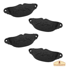 Load image into Gallery viewer, Rustic Cast Iron Set of 4 Drawer Pulls Cabinet Cup Pulls: Ideal for Victorian, Colonial, Retro, Steampunk, Gothic, Baroque, and Medieval Settings, (10.5x3.5) cm