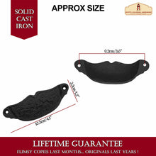 Load image into Gallery viewer, Rustic Cast Iron Set of 4 Drawer Pulls Cabinet Cup Pulls: Ideal for Victorian, Colonial, Retro, Steampunk, Gothic, Baroque, and Medieval Settings, (10.5x3.5) cm