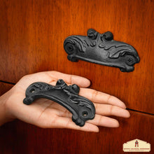 Load image into Gallery viewer, Rustic Cast Iron Set of 4 Drawer Pulls Cabinet Cup Pulls: Ideal for Victorian, Colonial, Retro, Steampunk, Gothic, Baroque, and Medieval Settings, (10.3x5) cm