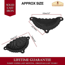 Load image into Gallery viewer, Rustic Cast Iron Set of 4 Drawer Pulls Cabinet Cup Pulls: Ideal for Victorian, Colonial, Retro, Steampunk, Gothic, Baroque, and Medieval Settings, (9.6x5.4) cm