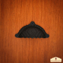 Load image into Gallery viewer, Rustic Cast Iron Set of 4 Drawer Pulls Cabinet Cup Pulls: Ideal for Victorian, Colonial, Retro, Steampunk, Gothic, Baroque, and Medieval Settings, (9.6x5.4) cm