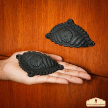 Load image into Gallery viewer, Rustic Cast Iron Set of 4 Drawer Pulls Cabinet Cup Pulls: Ideal for Victorian, Colonial, Retro, Steampunk, Gothic, Baroque, and Medieval Settings, (9.6x5.4) cm