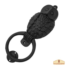 Load image into Gallery viewer, Rustic Cast Iron Owl Door Knocker: Ideal for Victorian, Colonial, Retro, Steampunk, Gothic, and Baroque Settings, (24.3x9) cm