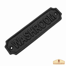 Load image into Gallery viewer, Rustic Cast Iron Washroom Sign Plate: Ideal for Victorian, Colonial, Retro, Steampunk, Gothic, and Baroque Settings, (15x4) cm