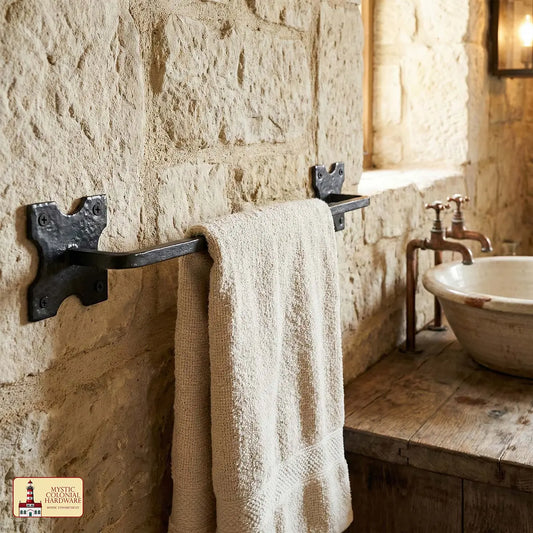 Mystic Colonial Hardware Iron Towel Bar – Hand-Forged Colonial Style Rack with Decorative Mounting Plates