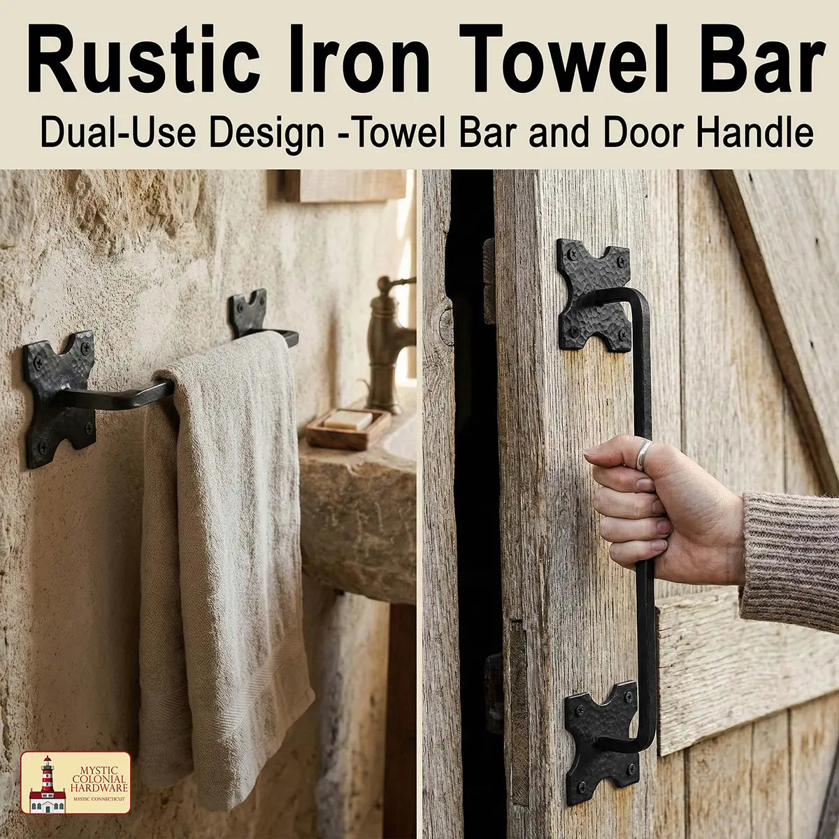 Mystic Colonial Hardware Iron Towel Bar – Hand-Forged Colonial Style Rack with Decorative Mounting Plates