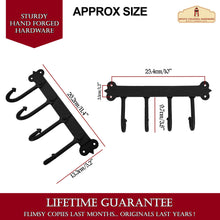 Load image into Gallery viewer, Rustic Hand Forged Iron Wall Hook with Four Hangers: Ideal for Victorian, Colonial, Retro, Steampunk, Gothic, and Baroque Settings (29.2x13.3) cm