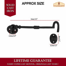 Load image into Gallery viewer, Black Wrought Iron Cabin Hook Eye 7.5" Long Large Decorative Privacy Hook Latches for Cabinet Window Kitchen Sliding Or Barn Doors : Pack of 2