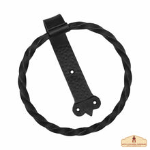 Load image into Gallery viewer, Rustic Hand Forged Iron Wall Mounting Towel Ring: Ideal for Victorian, Colonial, Retro, Steampunk, Gothic, Baroque, and Medieval Settings, 18.6 cm