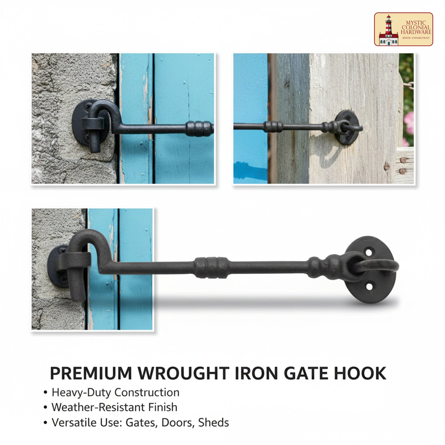 Black Wrought Iron Cabin Hook Eye 7.5" Long Large Decorative Privacy Hook Latches for Cabinet Window Kitchen Sliding Or Barn Doors : Pack of 2