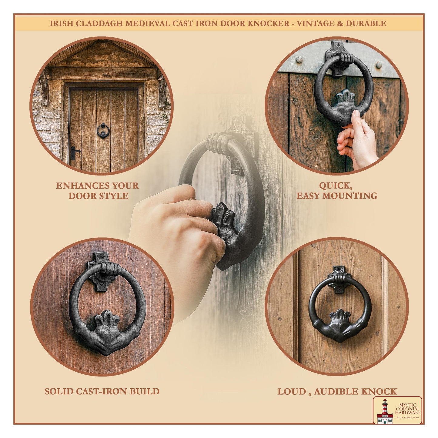 Claddagh Door Knocker Solid Forged Iron Victorian, Colonial, Retro, Steampunk, Gothic, Baroque Medieval