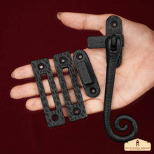 Load image into Gallery viewer, Rustic Cast Iron Curly Reversible Casement Window Door Latch: Ideal for Victorian, Colonial, Retro, Steampunk, Gothic, Baroque, and Medieval Settings, (12.2x6) cm