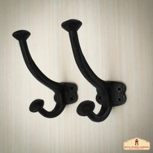 Load image into Gallery viewer, Rustic Cast Iron Wall Hooks Set of 2 : Ideal for Victorian, Colonial, Retro, Steampunk, Gothic, and Baroque Settings ( 11 x 3.8 ) cm