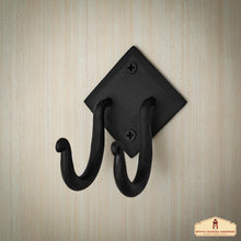 Load image into Gallery viewer, Rustic Hand Forged Iron Wall Hook with Two Hangers: Ideal for Victorian, Colonial, Retro, Steampunk, Gothic, and Baroque Settings 8.8 cm
