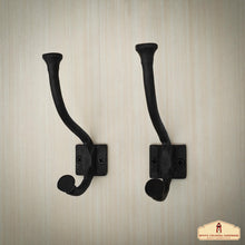 Load image into Gallery viewer, Rustic Cast Iron Wall Hooks Set of 2: Ideal for Victorian, Colonial, Retro, Steampunk, Gothic, and Baroque Settings 13 cm