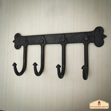 Load image into Gallery viewer, Rustic Hand Forged Iron Wall Hook with Four Hangers: Ideal for Victorian, Colonial, Retro, Steampunk, Gothic, and Baroque Settings (29.2x13.3) cm