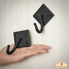Load image into Gallery viewer, Rustic Hand Forged Iron Wall Hook with Two Hangers: Ideal for Victorian, Colonial, Retro, Steampunk, Gothic, and Baroque Settings 9.1 cm