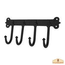 Load image into Gallery viewer, Rustic Hand Forged Iron Wall Hook with Four Hangers: Ideal for Victorian, Colonial, Retro, Steampunk, Gothic, and Baroque Settings (29.2x13.3) cm