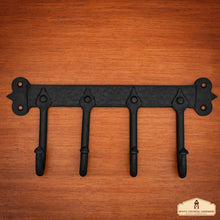 Load image into Gallery viewer, Rustic Hand Forged Iron Wall Hook with Four Hangers: Ideal for Victorian, Colonial, Retro, Steampunk, Gothic, and Baroque Settings (29.2x13.3) cm