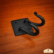 Load image into Gallery viewer, Rustic Hand Forged Iron Wall Hook with Two Hangers: Ideal for Victorian, Colonial, Retro, Steampunk, Gothic, and Baroque Settings 8.8 cm