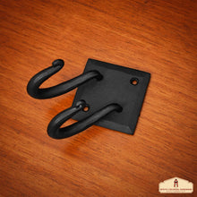 Load image into Gallery viewer, Rustic Hand Forged Iron Wall Hook with Two Hangers: Ideal for Victorian, Colonial, Retro, Steampunk, Gothic, and Baroque Settings 8.8 cm