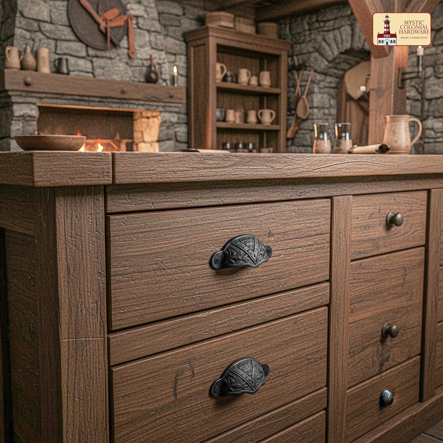 Rustic Cast Iron Set of 4 Drawer Pulls Cabinet Cup Pulls: Ideal for Victorian, Colonial, Retro, Steampunk, Gothic, Baroque, and Medieval Settings, (8.4x3.5) cm