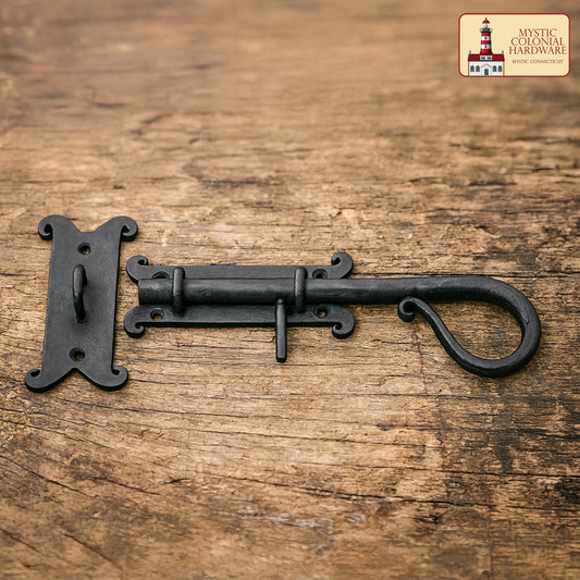 Rustic Hand Forged Door Bolt Lock with Sliding Pin: Ideal for Victorian, Colonial, Retro, Steampunk, Gothic, Baroque, and Medieval Bathroom / Kitchen Settings, 22 cm