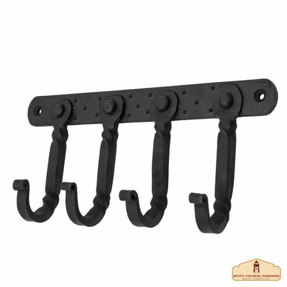 Rustic Hand Forged Iron Wall Hook with Four Hangers: Ideal for Victorian, Colonial, Retro, Steampunk, Gothic, and Baroque Settings (22.8x11cm)