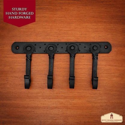 Rustic Hand Forged Iron Wall Hook with Four Hangers: Ideal for Victorian, Colonial, Retro, Steampunk, Gothic, and Baroque Settings (22.8x11cm)