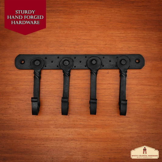 Rustic Hand Forged Iron Wall Hook with Four Hangers: Ideal for Victorian, Colonial, Retro, Steampunk, Gothic, and Baroque Settings (22.8x11cm)