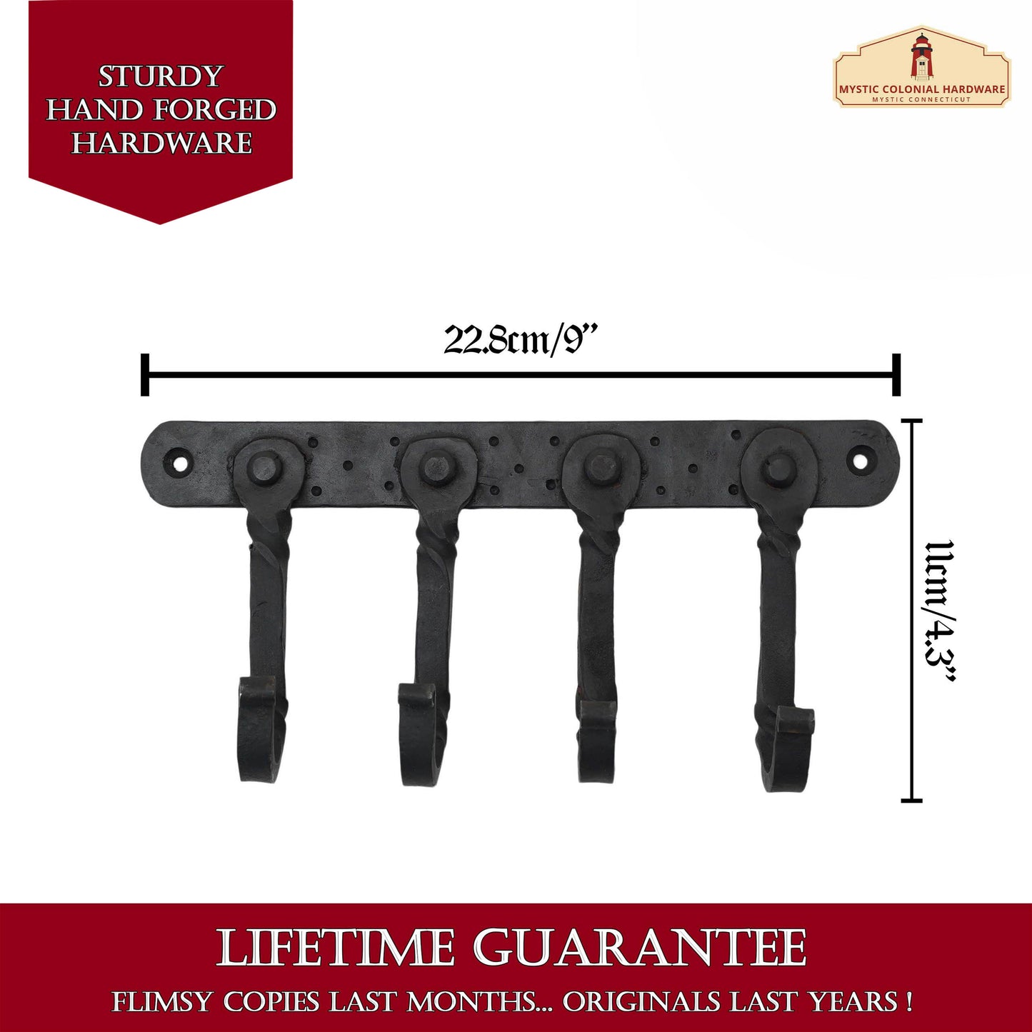 Rustic Hand Forged Iron Wall Hook with Four Hangers: Ideal for Victorian, Colonial, Retro, Steampunk, Gothic, and Baroque Settings (22.8x11cm)