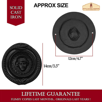 Rustic Cast Iron Medusa Door Knocker: Ideal for Victorian, Colonial, Retro, Steampunk, Gothic, and Baroque Settings, 14 cm