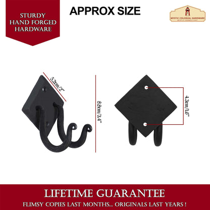 Rustic Hand Forged Iron Wall Hook with Two Hangers: Ideal for Victorian, Colonial, Retro, Steampunk, Gothic, and Baroque Settings 8.8 cm