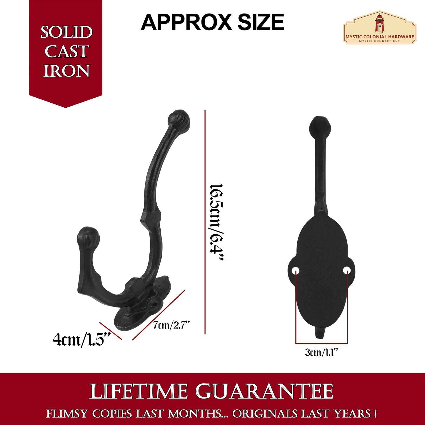 Rustic Cast Iron Wall Hooks Set of 2 : Ideal for Victorian, Colonial, Retro, Steam punk, Gothic, and Baroque Settings (16.5x4) cm