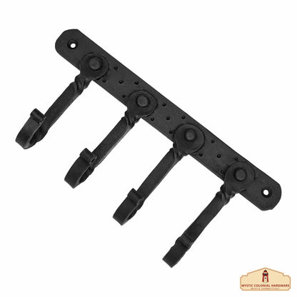 Rustic Hand Forged Iron Wall Hook with Four Hangers: Ideal for Victorian, Colonial, Retro, Steampunk, Gothic, and Baroque Settings (22.8x11cm)