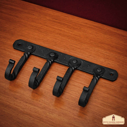 Rustic Hand Forged Iron Wall Hook with Four Hangers: Ideal for Victorian, Colonial, Retro, Steampunk, Gothic, and Baroque Settings (22.8x11cm)