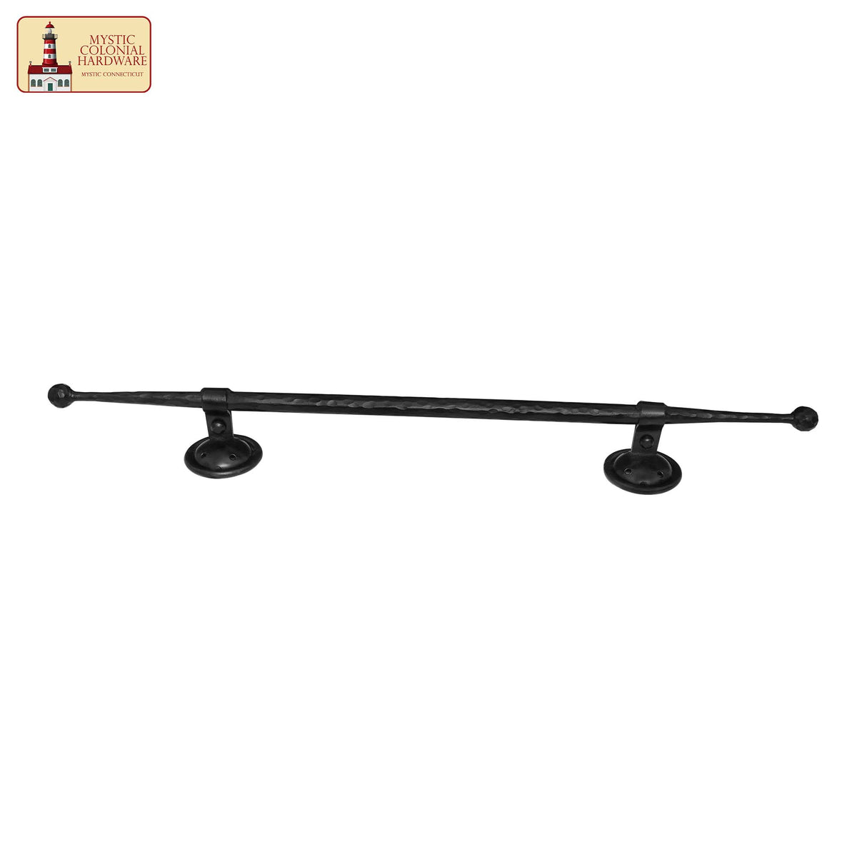 Medieval hand-forged iron castle door pull handle, long bar with round mounting plates