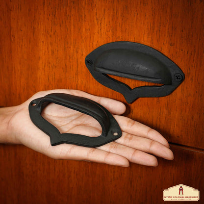 Rustic Cast Iron Set of 4 Plain Drawer Pulls Cabinet Cup Pulls: Ideal for Victorian, Colonial, Retro, Steampunk, Gothic, Baroque, and Medieval Settings, (10.2x6.5) cm