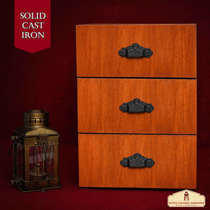 Rustic Cast Iron Set of 4 Drawer Pulls Cabinet Cup Pulls: Ideal for Victorian, Colonial, Retro, Steampunk, Gothic, Baroque, and Medieval Settings, (10.1x4.1) cm