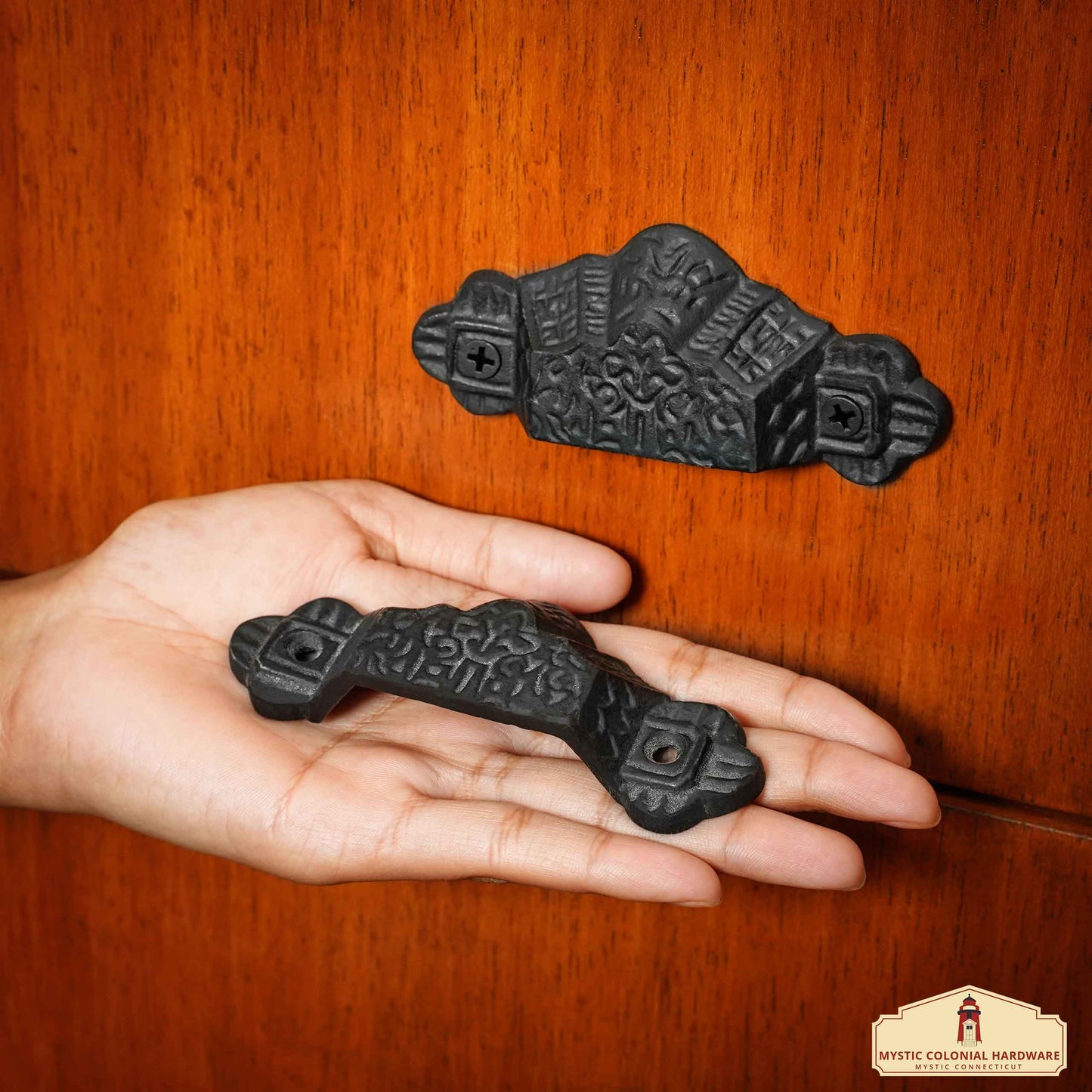 Rustic Cast Iron Set of 4 Drawer Pulls Cabinet Cup Pulls: Ideal for Victorian, Colonial, Retro, Steampunk, Gothic, Baroque, and Medieval Settings, (10.1x4.1) cm